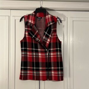 Chaps Red Black White Plaid Sleeveless Zip Vest
